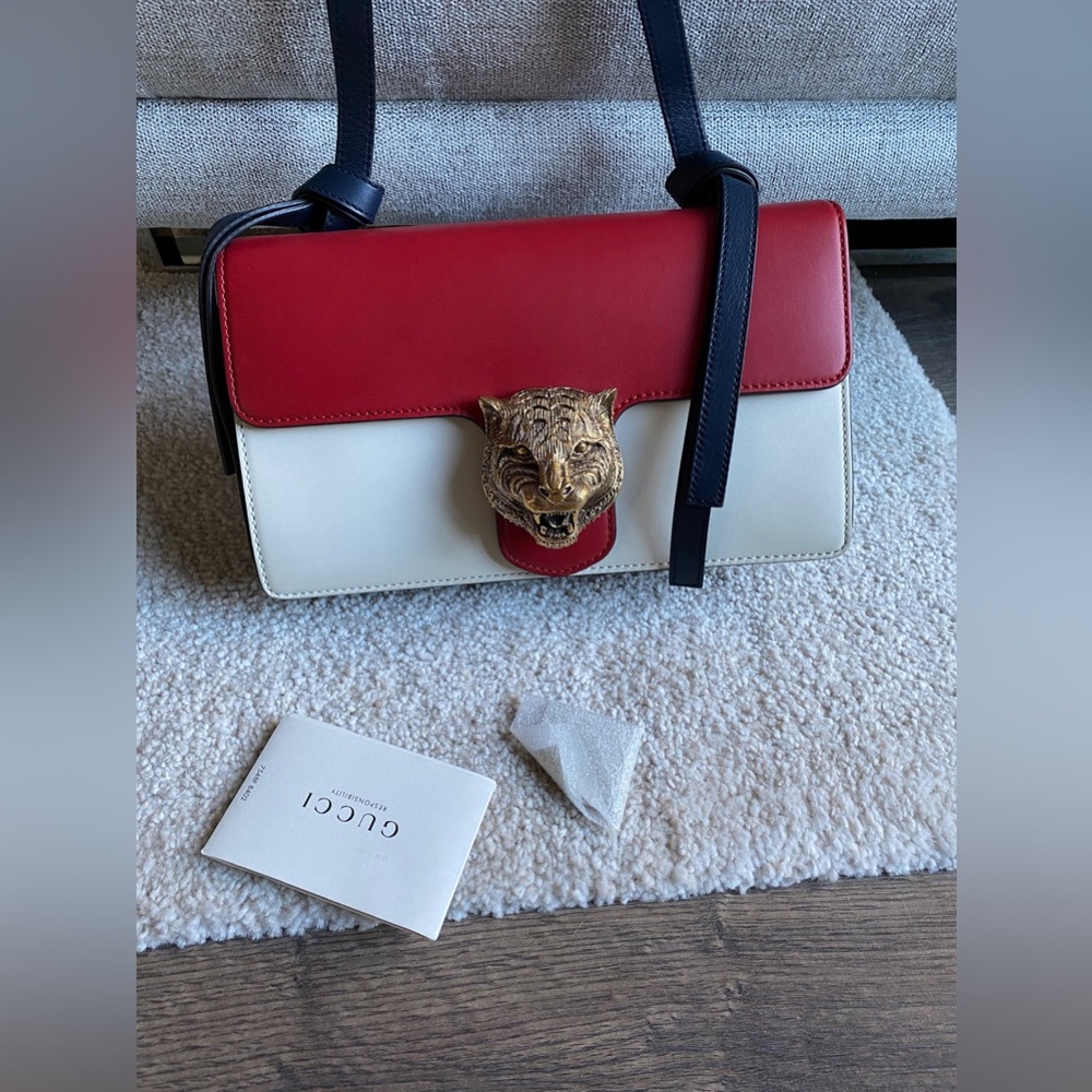 GUCCI Animalier Leather Shoulder Bag, Red/White/Blue